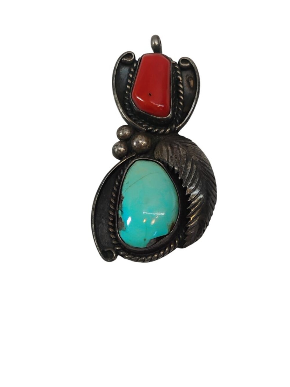 Unsigned Old Pawn Fred Harvey Turquoise Red Coral Pendant Sterling Silver Charm